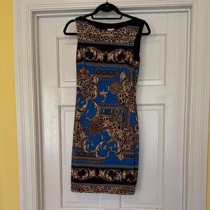 Cache Blue and Gold Baroque Midi Dress